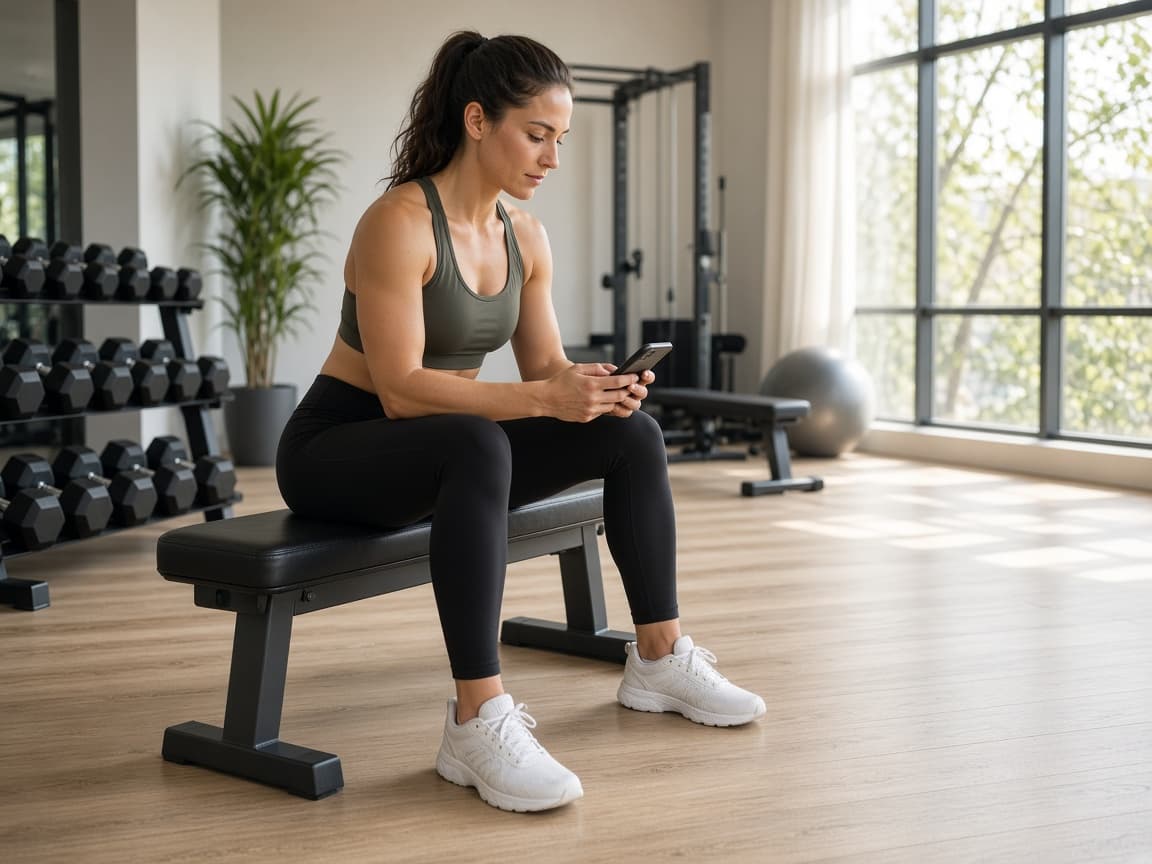 Gym member sending a WhatsApp message to the gym from a bench