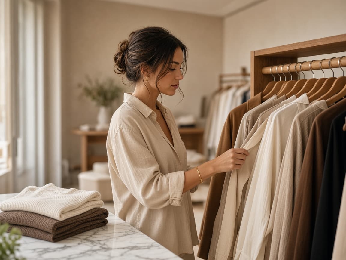 Interior de una boutique con percheros de ropa y accesorios en exhibición